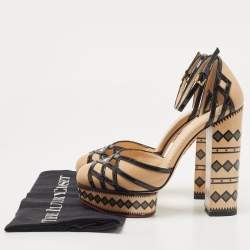 Pre Owned Charlotte Olympia Beige/Black Leather Cut Out Platform Ankle Strap Block Heel Pumps Size 39
