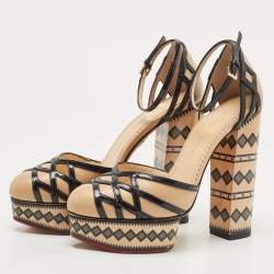 Pre Owned Charlotte Olympia Beige/Black Leather Cut Out Platform Ankle Strap Block Heel Pumps Size 39
