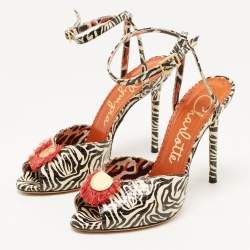 Charlotte Olympia Black/Cream Zebra Print Leather Ankle Strap Sandals Size 36