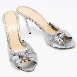 Charlotte Olympia Silver Fabric Knot Sandals Size 40