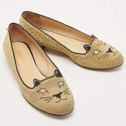 Charlotte Olympia Gold/Black Lurex Fabric and Patent Leather Kitty Ballet Flats Size 36