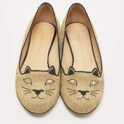 Charlotte Olympia Gold/Black Lurex Fabric and Patent Leather Kitty Ballet Flats Size 36