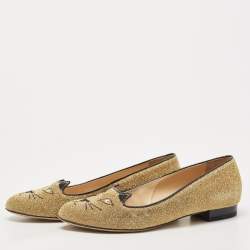 Charlotte Olympia Gold/Black Lurex Fabric and Patent Leather Kitty Ballet Flats Size 36