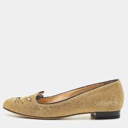Charlotte Olympia Gold/Black Lurex Fabric and Patent Leather Kitty Ballet Flats Size 36