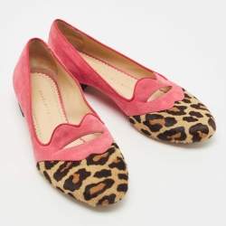 Charlotte Olympia Pink/Brown Suede and Calf Hair Smoking Loafers Size 36