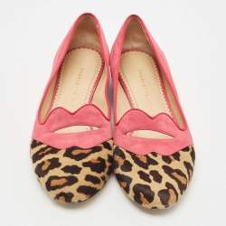 Charlotte Olympia Pink/Brown Suede and Calf Hair Smoking Loafers Size 36