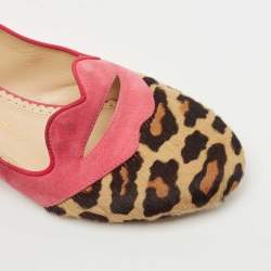 Charlotte Olympia Pink/Brown Suede and Calf Hair Smoking Loafers Size 36