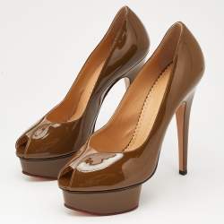Pre Owned Charlotte Olympia Olive Green Patent Leather Peep Toe Platform Pumps Size 37
