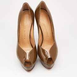 Pre Owned Charlotte Olympia Olive Green Patent Leather Peep Toe Platform Pumps Size 37