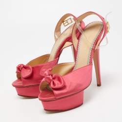 Charlotte Olympia Pink Satin Serena Bow Ankle Strap Platform Sandals Size 38