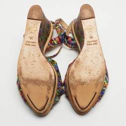 Charlotte Olympia Multicolor Printed Satin Wedge Platform Ankle Strap Sandals Size 38