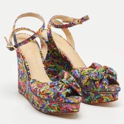 Charlotte Olympia Multicolor Printed Satin Wedge Platform Ankle Strap Sandals Size 38