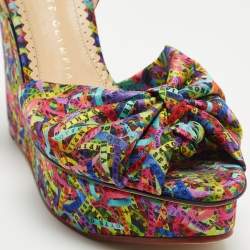Charlotte Olympia Multicolor Printed Satin Wedge Platform Ankle Strap Sandals Size 38