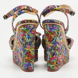 Charlotte Olympia Multicolor Printed Satin Wedge Platform Ankle Strap Sandals Size 38