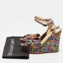 Charlotte Olympia Multicolor Printed Satin Wedge Platform Ankle Strap Sandals Size 38