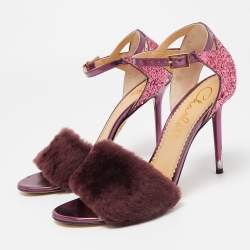 Charlotte Olympia Tricolor Fur and Glitter Caress Me Ankle Strap Sandals Size 41