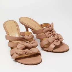 Charlotte Olympia Light Pink Leather Blyton Bow Slide Sandals Size 40