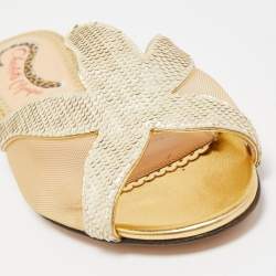Pre Owned Charlotte Olympia White Mesh and Textured Leather Flat Slides Size 36