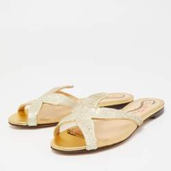 Pre Owned Charlotte Olympia White Mesh and Textured Leather Flat Slides Size 36