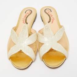 Pre Owned Charlotte Olympia White Mesh and Textured Leather Flat Slides Size 36