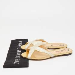 Pre Owned Charlotte Olympia White Mesh and Textured Leather Flat Slides Size 36