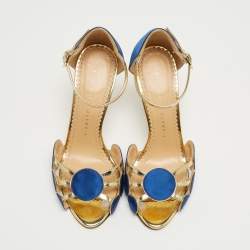 مملوكة مسبقًا Charlotte Olympia Gold/Blue Satin and Leather Pumps Size 36