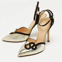 Charlotte Olympia Black/Gold Suede and Leather Ankle Strap Pumps Size 36