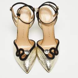 Charlotte Olympia Black/Gold Suede and Leather Ankle Strap Pumps Size 36