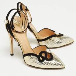 Charlotte Olympia Black/Gold Suede and Leather Ankle Strap Pumps Size 36