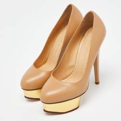 Pre Owned Charlotte Olympia Beige Leather Dolly Pumps Size 35