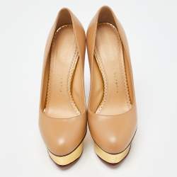 Pre Owned Charlotte Olympia Beige Leather Dolly Pumps Size 35