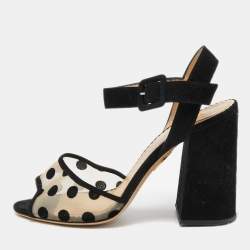 Charlotte Olympia Black Polka Dot Mesh and Suede Ankle Strap Sandals Size 38