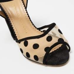 Charlotte Olympia Black Polka Dot Mesh and Suede Ankle Strap Sandals Size 38