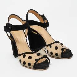 Charlotte Olympia Black Polka Dot Mesh and Suede Ankle Strap Sandals Size 38