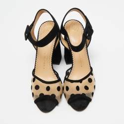 Charlotte Olympia Black Polka Dot Mesh and Suede Ankle Strap Sandals Size 38