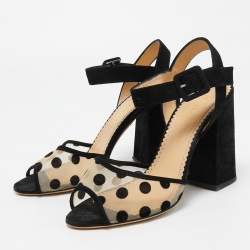Charlotte Olympia Black Polka Dot Mesh and Suede Ankle Strap Sandals Size 38