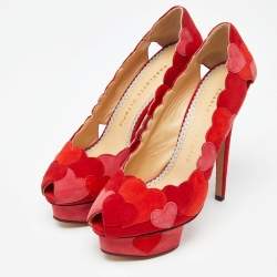 Pre Owned Charlotte Olympia Red/Pink Suede Love Me Heart Appliqued Dolly Pumps Size 36.5
