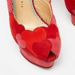 Pre Owned Charlotte Olympia Red/Pink Suede Love Me Heart Appliqued Dolly Pumps Size 36.5