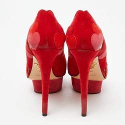 Pre Owned Charlotte Olympia Red/Pink Suede Love Me Heart Appliqued Dolly Pumps Size 36.5