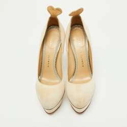 Charlotte Olympia Beige Fabric and Calfhair Dolly Platform Pumps Size 37.5