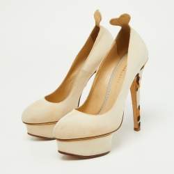 Charlotte Olympia Beige Fabric and Calfhair Dolly Platform Pumps Size 37.5