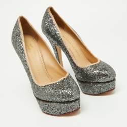 Pre Owned Charlotte Olympia Metallic Grey Coarse Glitter Dolly Pumps Size 37