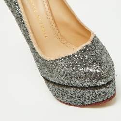 Pre Owned Charlotte Olympia Metallic Grey Coarse Glitter Dolly Pumps Size 37