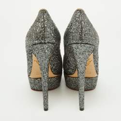 Pre Owned Charlotte Olympia Metallic Grey Coarse Glitter Dolly Pumps Size 37