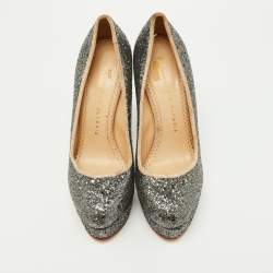 Pre Owned Charlotte Olympia Metallic Grey Coarse Glitter Dolly Pumps Size 37