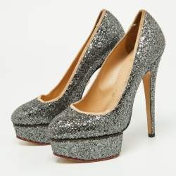Pre Owned Charlotte Olympia Metallic Grey Coarse Glitter Dolly Pumps Size 37