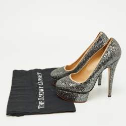 Pre Owned Charlotte Olympia Metallic Grey Coarse Glitter Dolly Pumps Size 37