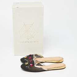Charlotte Olympia Black/Gold Mesh and Patent Leather Kitsch Kitty Sequin Flat Slides Size 37