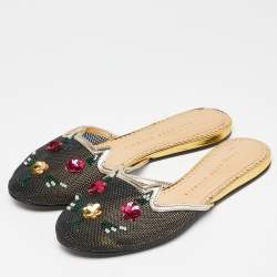 Charlotte Olympia Black/Gold Mesh and Patent Leather Kitsch Kitty Sequin Flat Slides Size 37