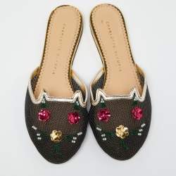 Charlotte Olympia Black/Gold Mesh and Patent Leather Kitsch Kitty Sequin Flat Slides Size 37